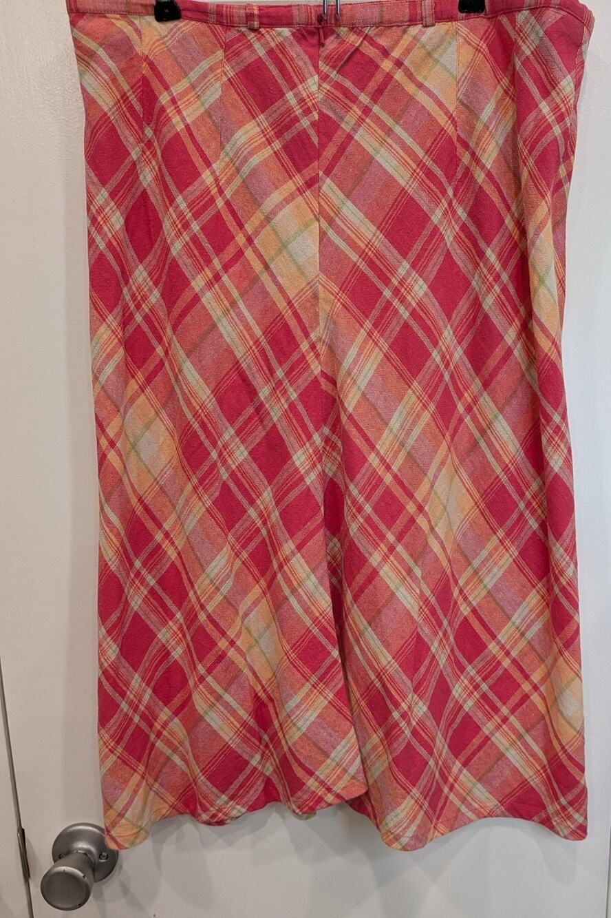 Vintage Y2K Linen Blend Skirt Midi Pink Yellow Plaid Workwear T Summer size 14
